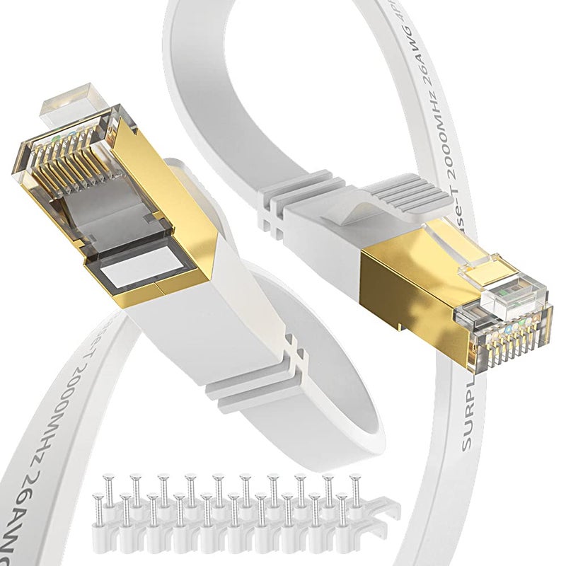 Surplay Cat8 Ethernet Cable 100FT-White-40Gbps High Speed Outdoor&Indoor Double Shielded with Ground Wire & Gold-Plated RJ45 Flat Cord for Long Distance IP-Camera,TV,Router,NAS(50 Clips) - Image 1